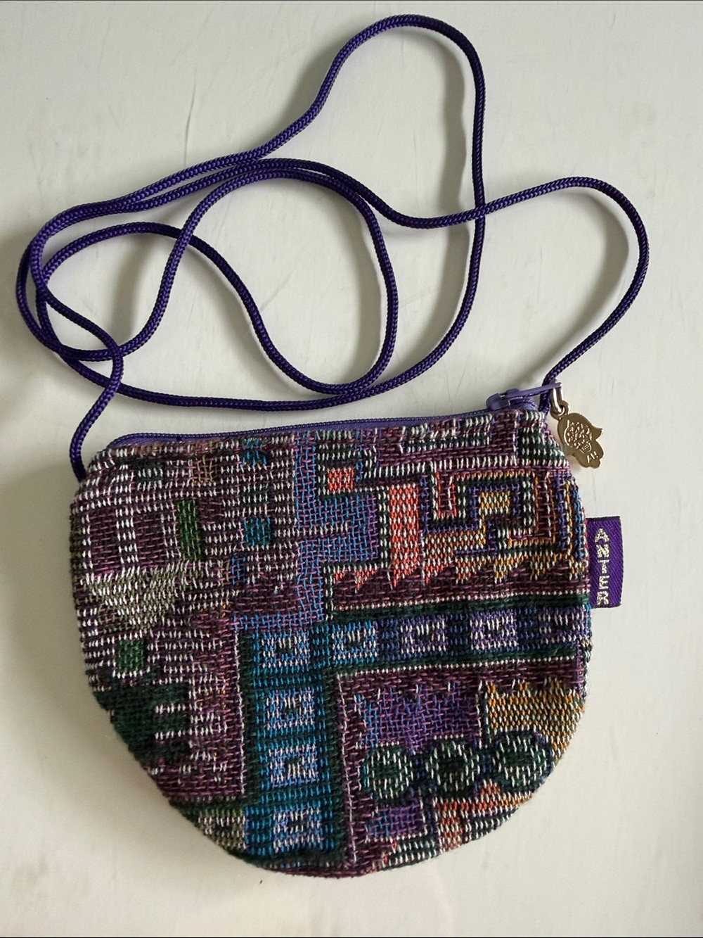 VTG Anter Israel Tapestry Crossbody Purple Woven Pouch w/Hamsa Zipper Pull